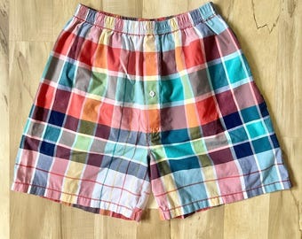 Vintage Lounge Shorts Women's Medium Plaid 100% Cotton Relaxed Preppy Coastal