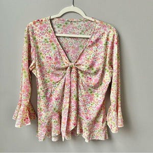 Vintage Retro Mod Floral Mesh Top Women's Medium Pink Green Hearts Babydoll Cute