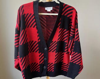 Vintage Cardigan Sweater Women's Size L Large Red Black Plaid Cabin Lodge Cozy