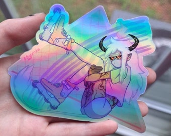 demon meisje holografische sticker | vaporwave-esthetiek | pastelkleurige kawaii-stickers |