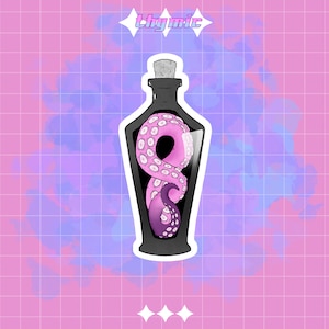 tentacle in a bottle sticker - black and pink | perfect for pastel goth aesthetic, creepy cute decor, and witchy stationery!