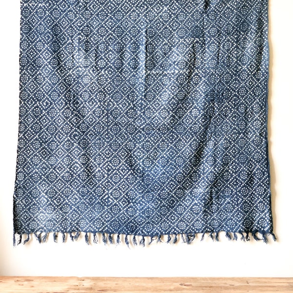 Indigo Blue and White Mudcloth Throw Blanket with Tassels