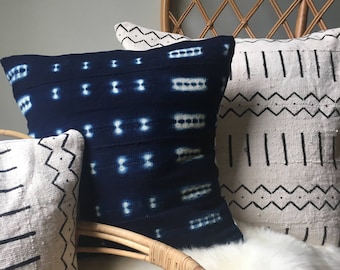 Amazing African Mudcloth Hand Stitched White & Black or Shibori Indigo Pillow Cover - 16"x16" - 20"x20" - 25"x25" - 16"x26" - also available