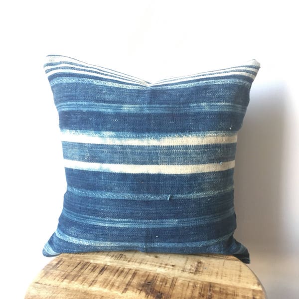 DOUBLE SIDED African Striped Baoule Mudcloth Shibori Blue Indigo Pillow ( Insert Included)  - Two Side - 2 Sides - Hand Stitched