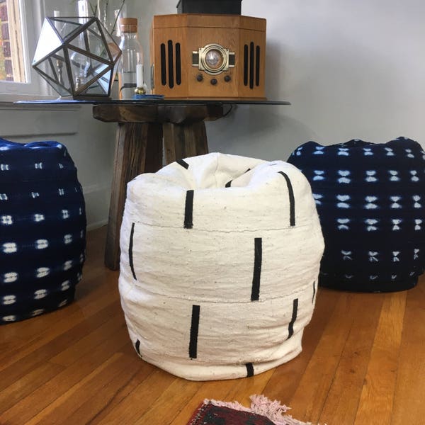 Black and White or Shibori Indigo Mudcloth Pouf / Bean Bag Chair / Ottoman - Made from African Mudcloth - Fabric from Africa