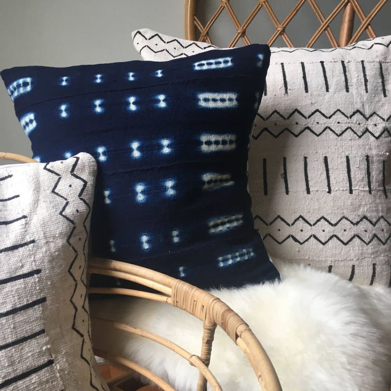 Amazing African Mudcloth Hand Stitched White & Black or Shibori Indigo Pillow Cover 16x16 20x20 25x25 16x26 also available image 1