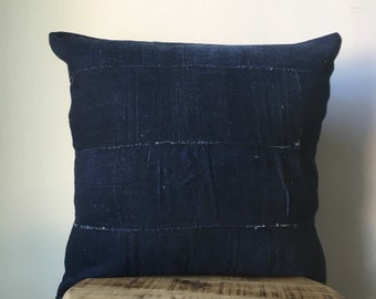 DOUBLE SIDED African Striped Baoule Mudcloth Shibori Blue Indigo Pillow ( Insert Included)  - Two Side - 2 Sides - Hand Stitched