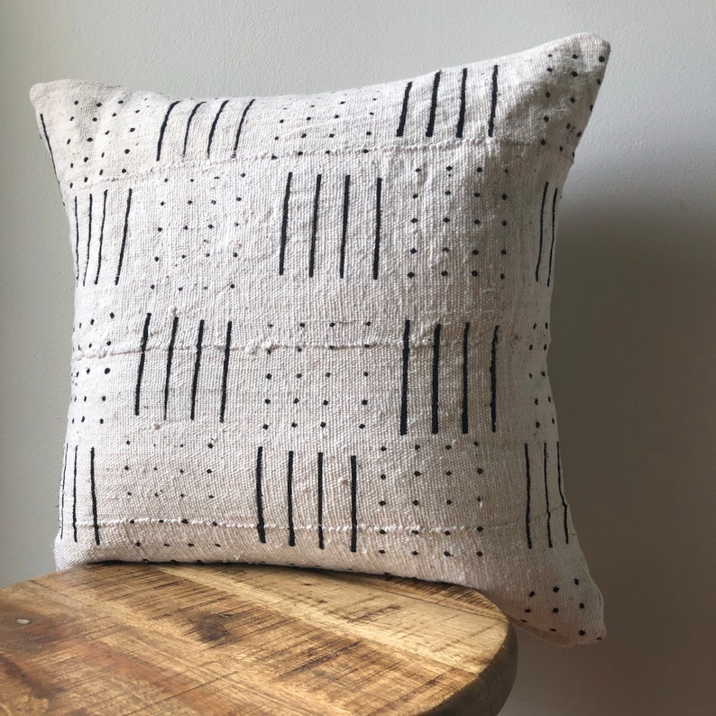 Dashed Line and Dots African Mudcloth Hand Stitched Black & White Pillow Cover 16, 18, 20, 25 16 x 26 Custom Sizes Available image 3