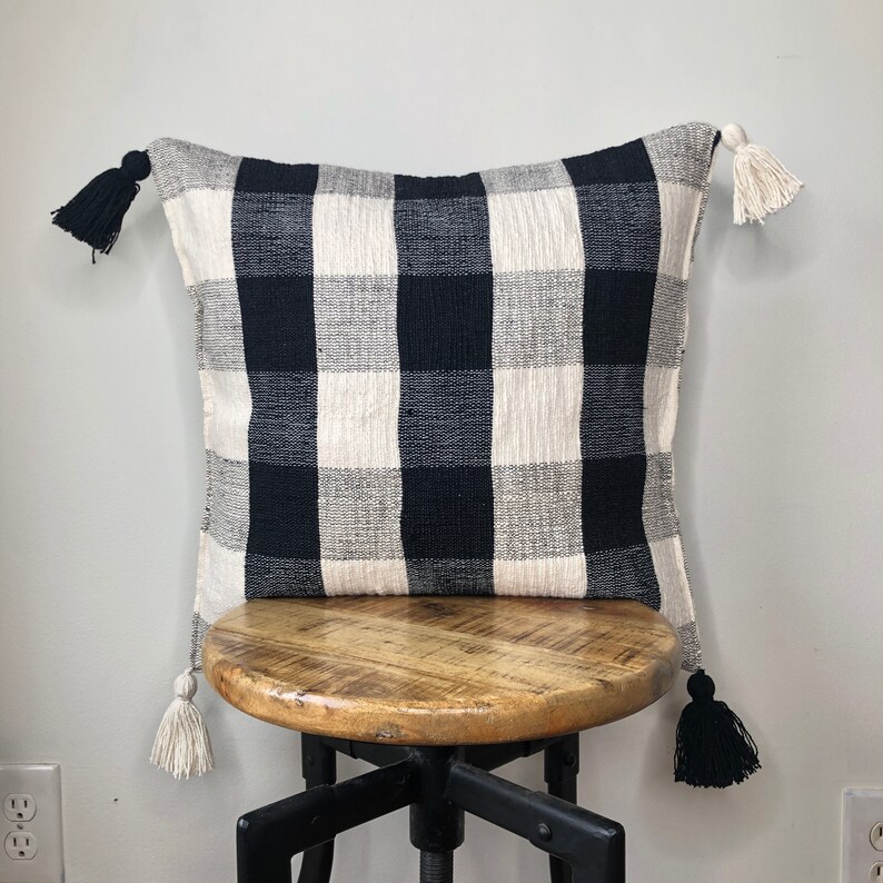 Black and White Plaid Pillow Cover With Tassels Etsy