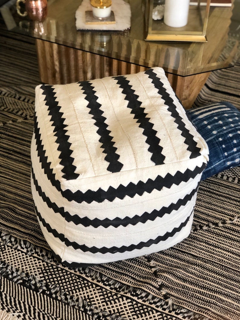 Black and White Striped Mudcloth Square Pouf Bean Bag Chair Ottoman