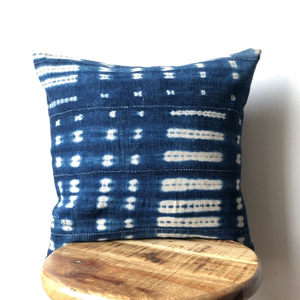 DOUBLE SIDED 18 Inch African Mudcloth Shibori Blue Indigo Pillow ( Insert Included)  - Two Side - 2 Sides - Hand Stitched