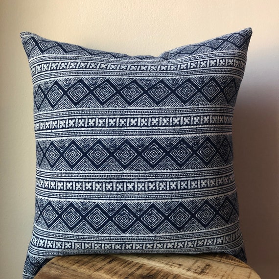 Queen of mountain pink striped Hmong pillow indigo hemp 12 x 20 inches blue