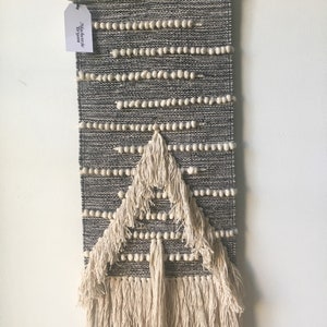 13" W x 45" L- VINTAGE Fabric- Black and Cream - Wall Hanging - Loosely Woven with a Tassel Bottom - Twine on Top to Hang