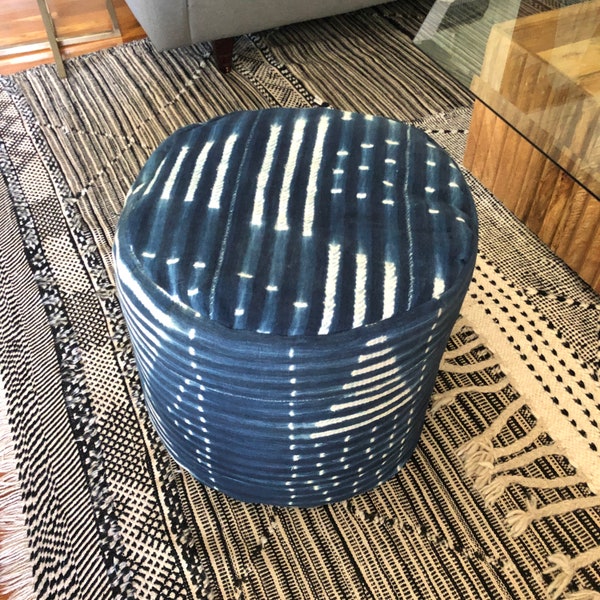 Vintage Indigo Mudcloth Round Cylinder Pouf Ottoman