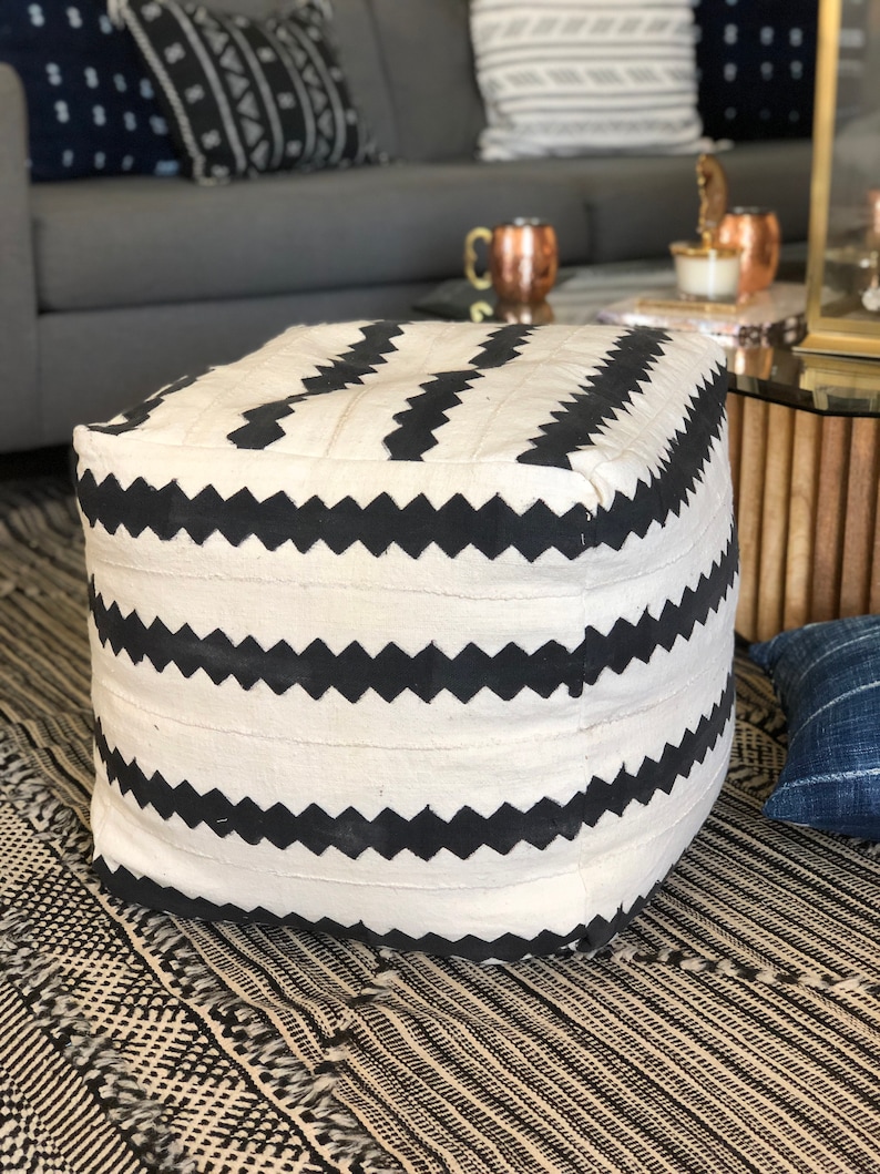 Black and White Striped Mudcloth Square Pouf Bean Bag Chair Ottoman