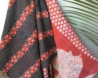 Vintage Red Elephant Indian Light Weight Kantha Quilt - Reversable Two Sided Print - Beautiful Print can be used as a wall hanging throw bea