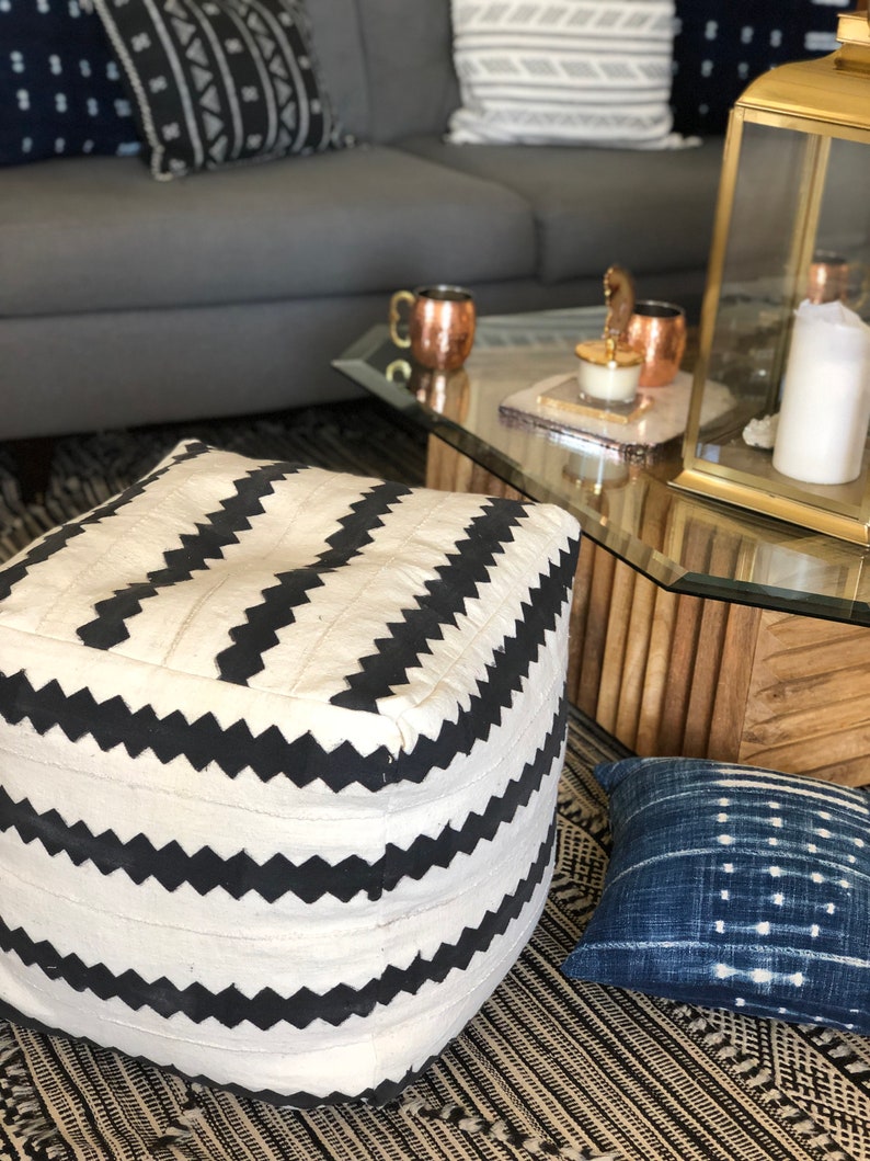 Black and White Striped Mudcloth Square Pouf Bean Bag Chair Ottoman