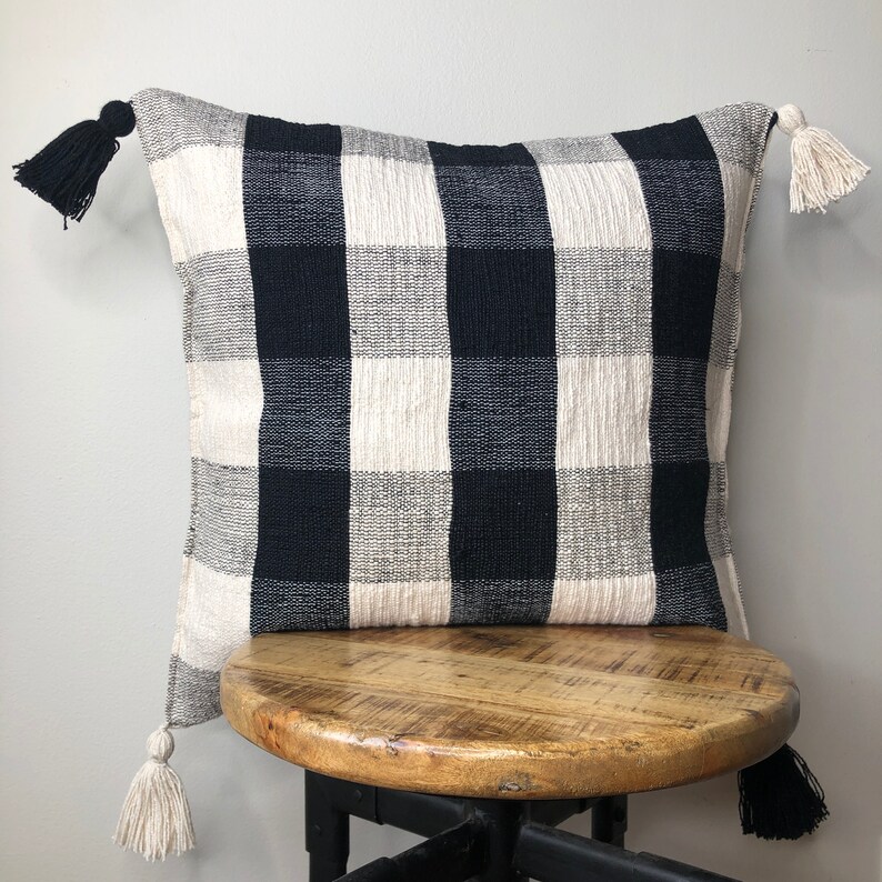 Black and White Plaid Pillow Cover With Tassels Etsy