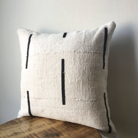 DOUBLE SIDED With Insert White With Black Dashed Lines Dash Line African  Mudcloth Pillow Insert Included Two Side 2 Sides 