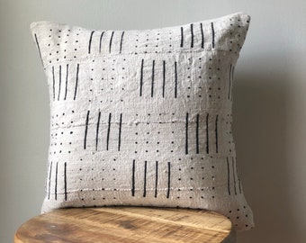 Dashed Line and Dots African Mudcloth Hand Stitched Black & White Pillow Cover - 16", 18", 20", 25" 16" x 26" -  Custom Sizes Available