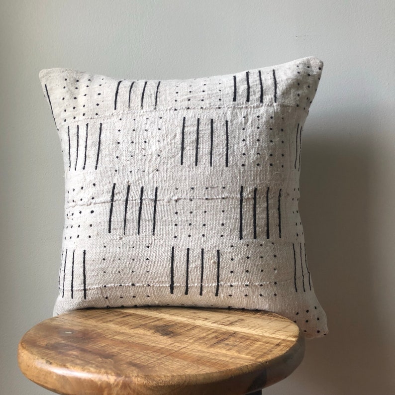 Dashed Line and Dots African Mudcloth Hand Stitched Black & White Pillow Cover 16, 18, 20, 25 16 x 26 Custom Sizes Available image 1