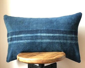 DOUBLE SIDED African Striped Baoule Mudcloth Shibori Blue Indigo Pillow ( Insert Included)  - Two Side - 2 Sides - Hand Stitched