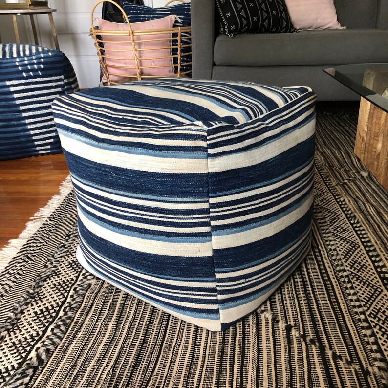 Striped Indigo Mudcloth Square Pouf Ottoman Etsy