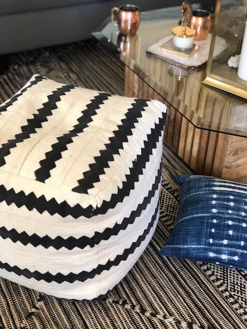 Black and White Striped Mudcloth Square Pouf Bean Bag Chair Ottoman