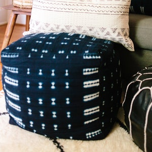 Black and White or Indigo Mudcloth Square Pouf / Bean Bag Chair / Ottoman Made from African Mudcloth Shibor Indigo Blue