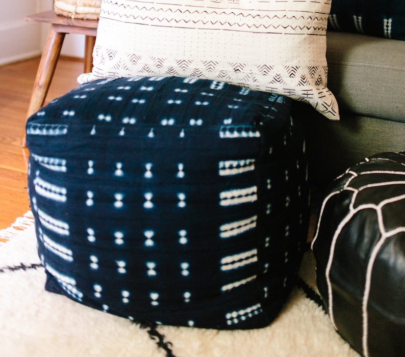 Black and White or Indigo Mudcloth Square Pouf / Bean Bag Chair / Ottoman Made from African Mudcloth Shibor Indigo Blue