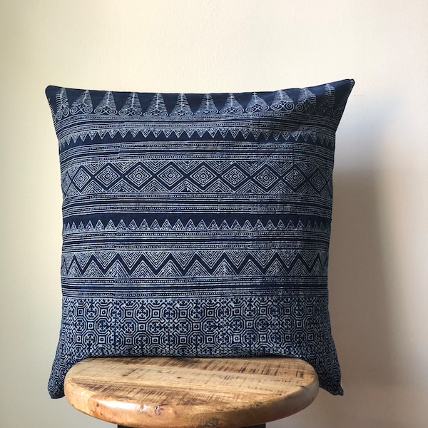 Hmong Indigo Blue Stripe Tribal Pillow Cover