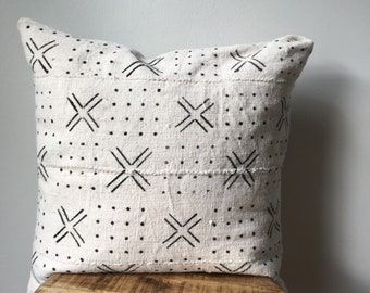 DOUBLE SIDED with Insert - White with Black Cross & Dots African Mudcloth Pillow ( Insert Included)  - Two Side - 2 Sides