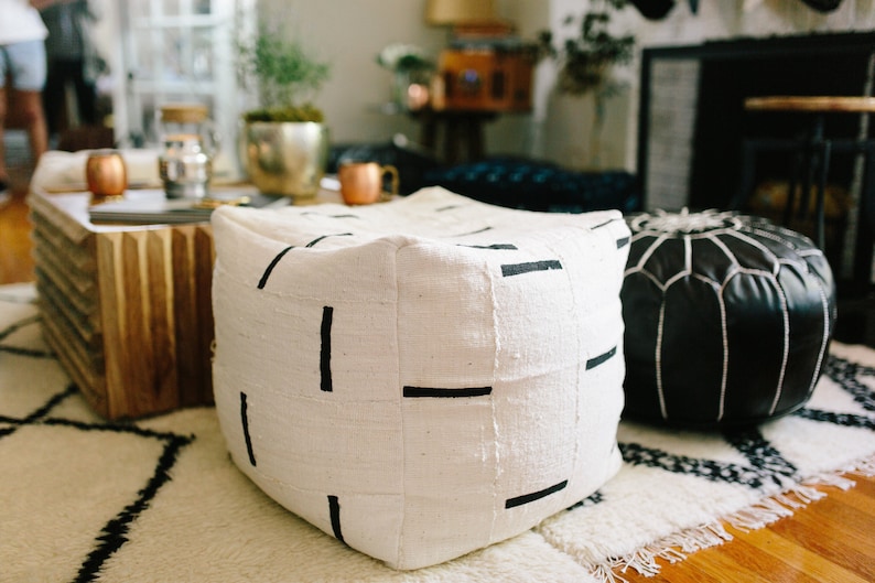 Black and White or Indigo Mudcloth Square Pouf / Bean Bag Chair / Ottoman Made from African Mudcloth White Ground w Black