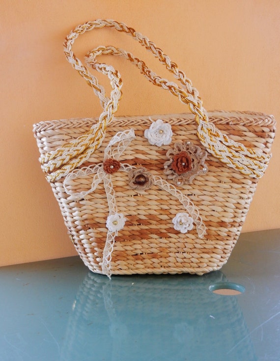 Borsa di paglia vintage con applicazione fiori uncinetto e nastro Etsy Italia