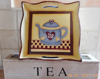 Wooden tray handpainted with teapot