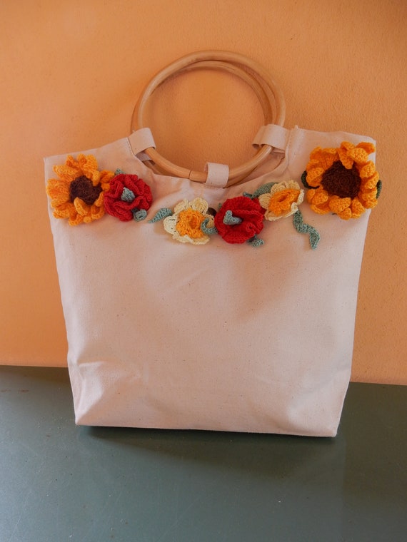 Borsa cotone con fiori uncinetto manici legno | Etsy Italia