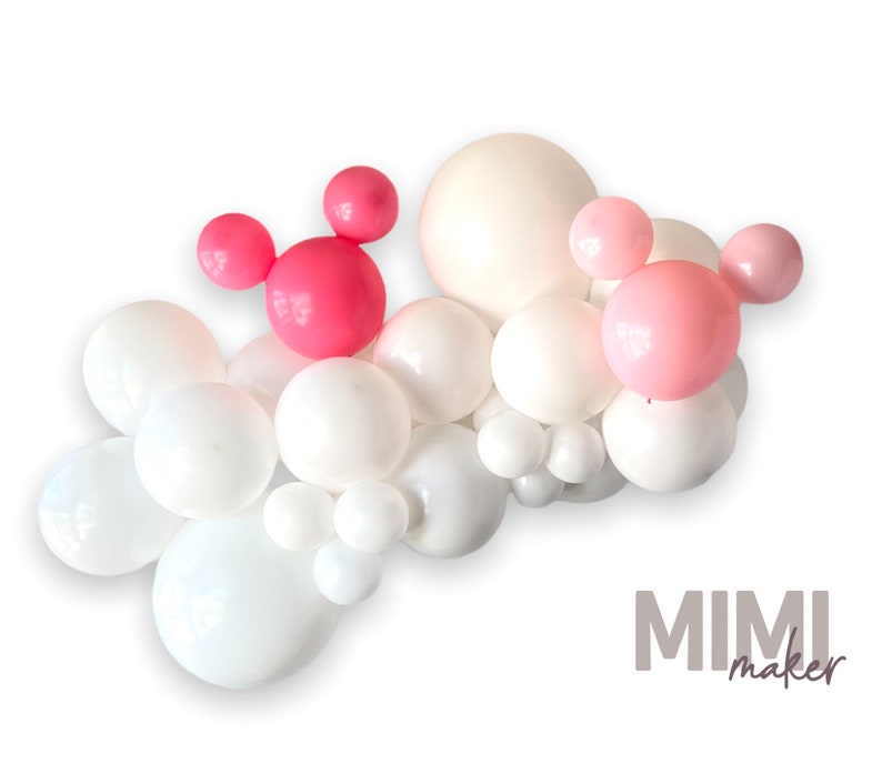 May include: A balloon garland featuring white, light pink, and hot pink balloons. The arrangement includes various sizes of balloons, with some grouped to resemble Mickey Mouse ears. The text "MIMI maker" is in the bottom right corner.