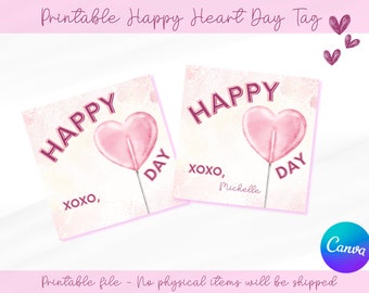 Happy Heart Valentine's Day Tag, Printable Valentines tag, Lollipop tag, Personalizable & Printable Gift Tags, Valentine's day gift tag