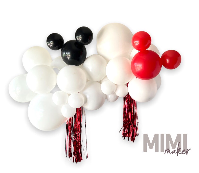 May include: A balloon garland with white, black, and red balloons. The balloons are arranged in a cloud shape with a black Mickey Mouse head and a red Mickey Mouse head at the top. There are red and black streamers hanging from the bottom of the garland. The text "MIMI maker" is visible in the bottom right corner of the image.