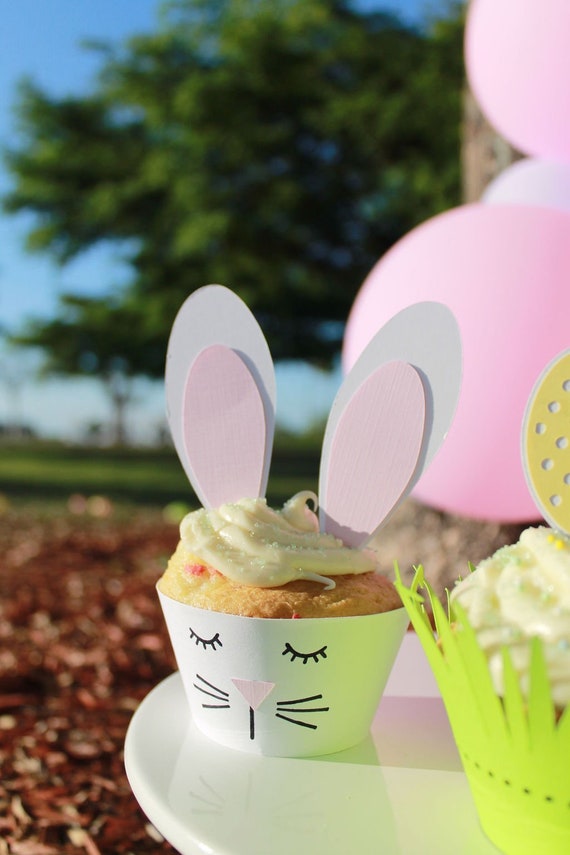 Easter cupcake topper, bunny cupcake set, bunny cupcake wrapper, easter decor, bunny ears, bunny cupcake topper, easter bunny cupcake topper Il_570xn
