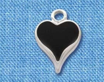 Silver Plated Black Enamel Heart Charm: Jewelry Making