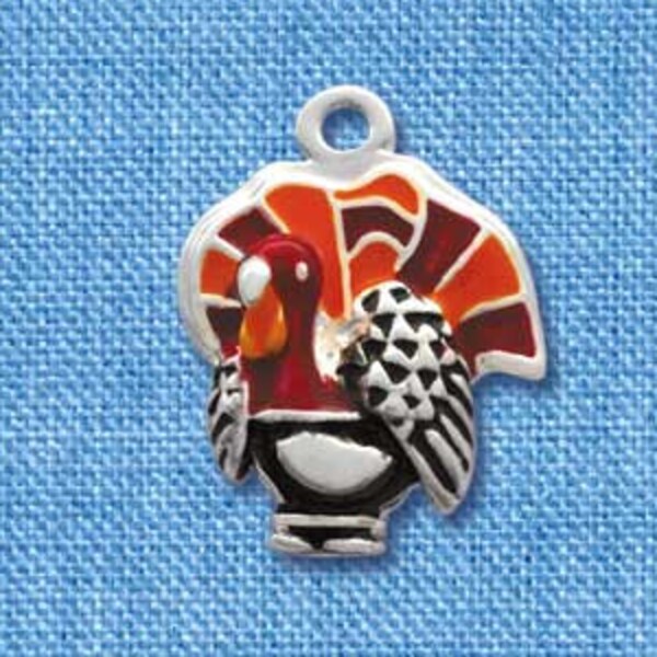 C2118 tlf - Enamel Turkey Silver Plated Charm,Thanksgiving Charm,Jewelry Making,Thanksgiving Day,Turkey Charms - QUANTITY DISCOUNTS OPTIONS