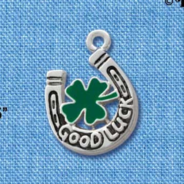 C1016* Good Luck Horseshoe Green Four Leaf Clover - Silver Plated Charm, Good Luck Charm,Four Leaf Clover Charm QUANTITY DISCOUNT OPTIONS