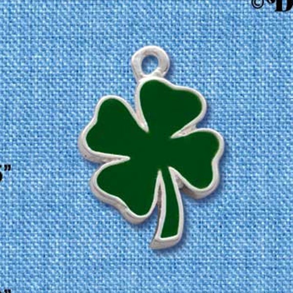 C1017+ 2 Sided Green Enamel Lucky Four Leaf Clover - Silver Plated Charm, Good Luck Charm, St. Patrick's Day Charm - QUANTITY OPTIONS