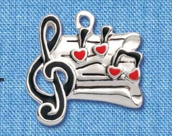 C1042- Music Sheet with Hearts - Silver Plated Charm,Enamel Charm, Music Charm,Music Note Charm,Musician Charm - QUANTITY DISCOUNT OPTIONS
