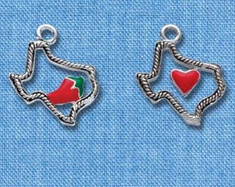 Silver Rope Texas Charm with Red Chili Pepper or Red Heart: Silver Plated Lone Star State Jewelry Making