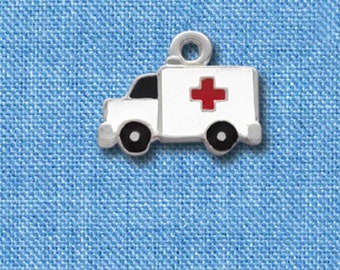 Enameled Ambulance Charm: Silver Plated EMT Paramedic Jewelry