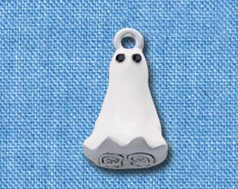 Enamel Ghost Charm: Silver Plated with Black Crystal Eyes