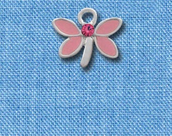 Enamel Pink Dragonfly Charm with Crystal: Silver Plated Spring Jewelry