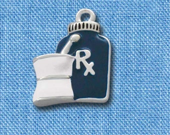Enameled RX Bottle Charm: Silver Plated Pharmacist Jewelry (19mm)